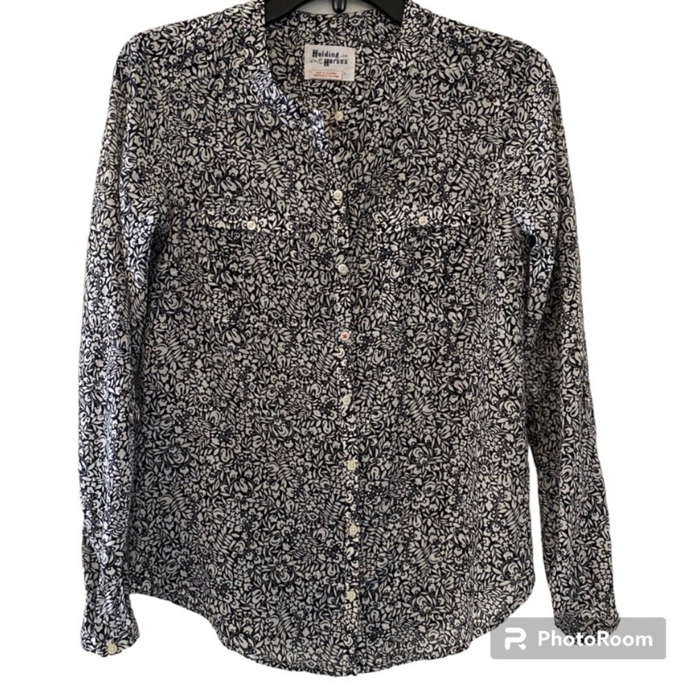 Anthropologie  Holding Horses Long Sleeve Black & White Print Blouse Top…